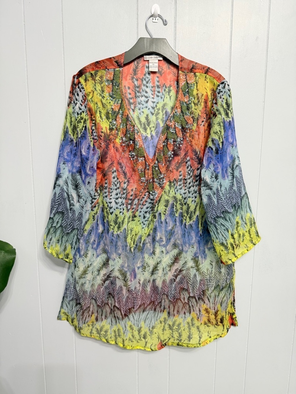 #12)  Cute Options Coral and Blue Rayon Sheer Top With Beads trim